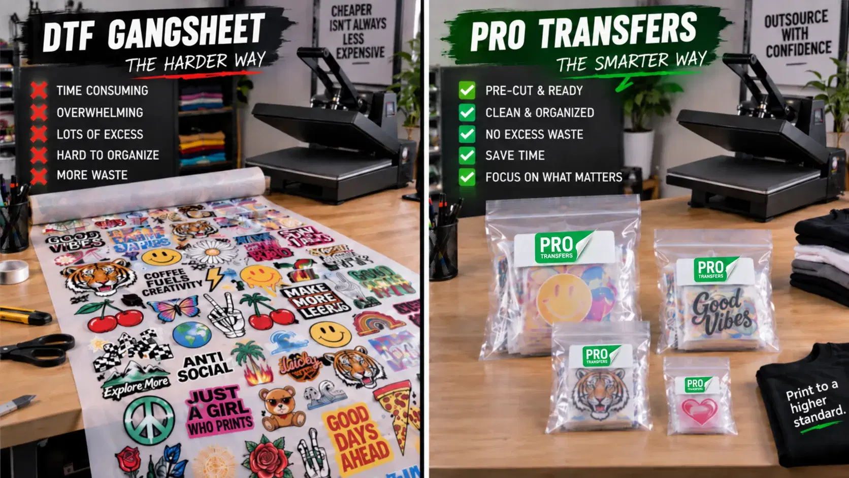 Side by side comparison — DTF gang sheet, the harder way: time consuming, overwhelming, lots of excess, hard to organize, more waste. Pro Transfers, the smarter way: pre-cut and ready, clean and organized, no excess waste, save time, focus on what matters.