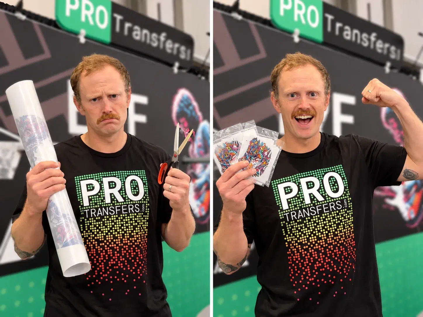 Left: a shop owner frowning while holding a transfer roll and scissors. Right: the same person celebrating with pre-cut, individually bagged Pro Transfers.